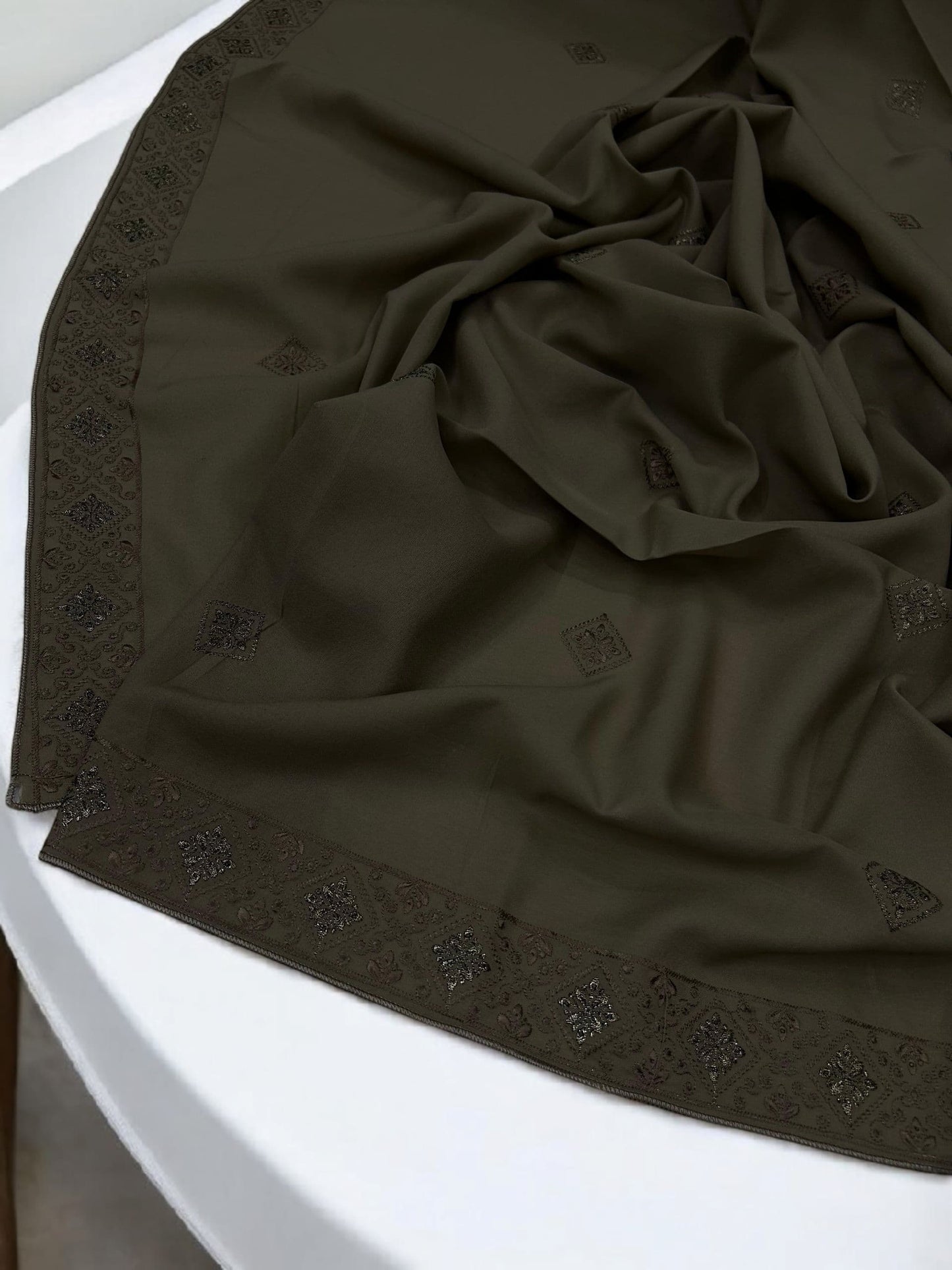Cedar Brown Squares Threadwork Embroidered Border Shaal