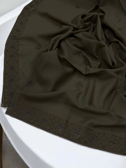 Cedar Brown Squares Threadwork Embroidered Border Shaal