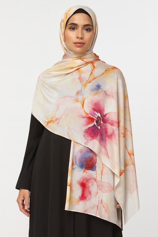 Large Satin Silk Scarf - White Gold Abstract Floral