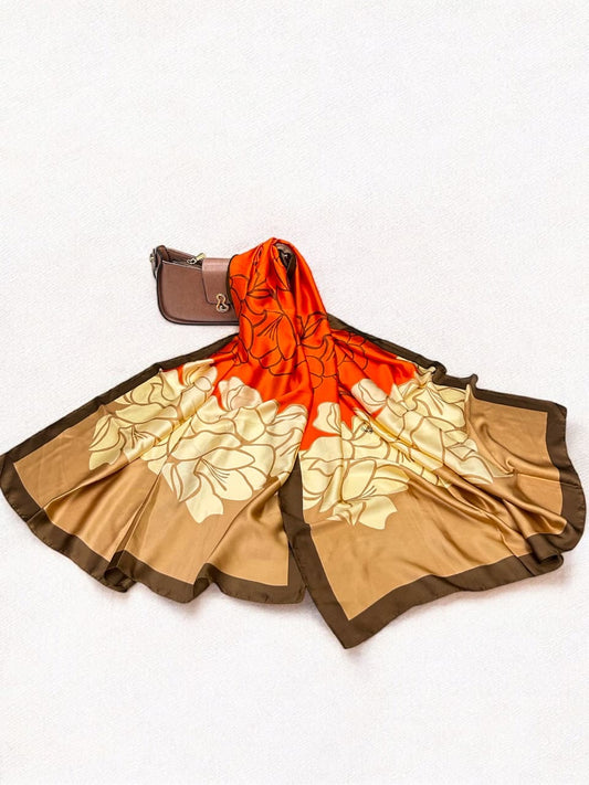 Large Satin Silk Scarf - Brown Tangy Cream Floral