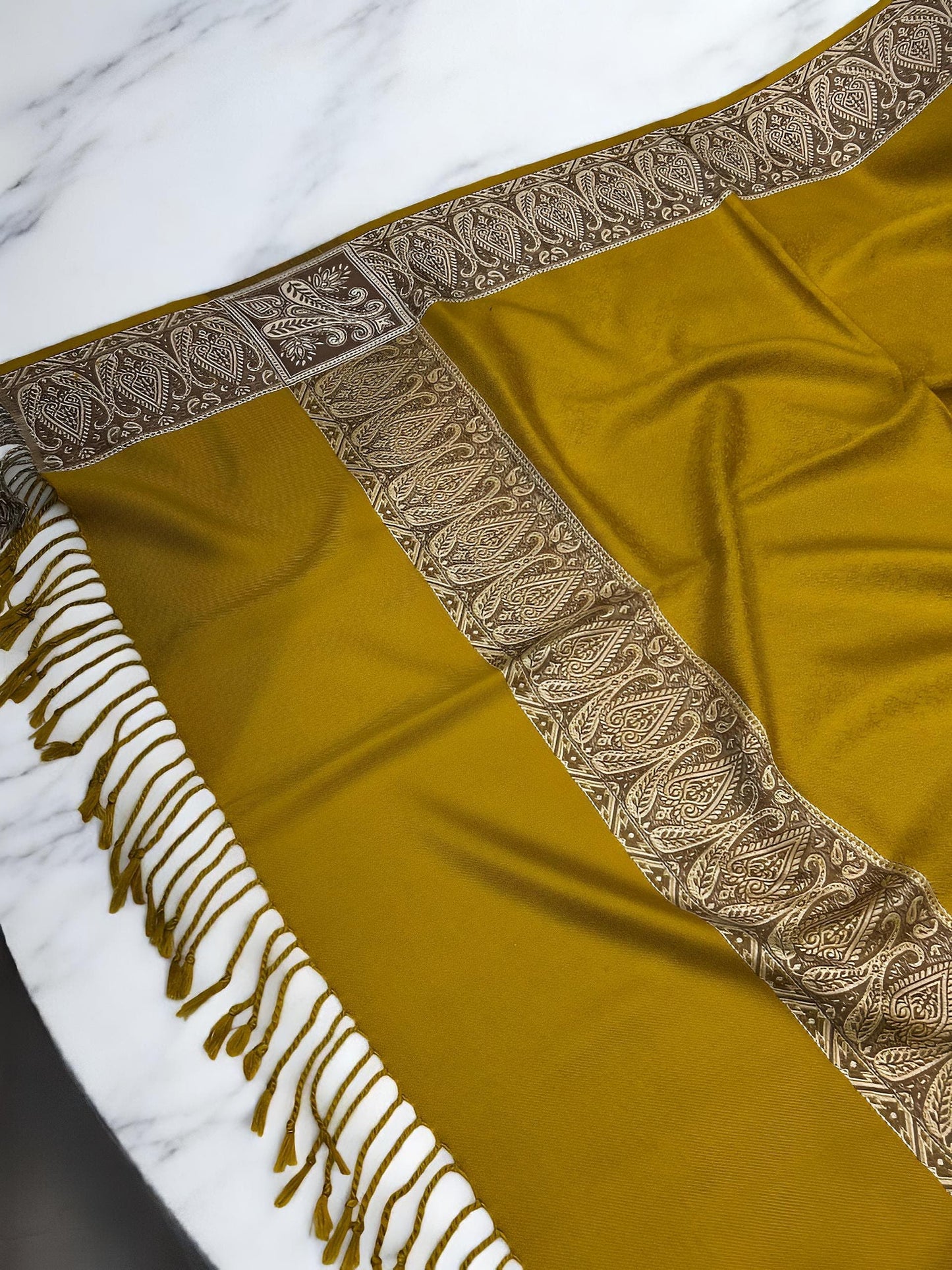 Mustard Beige Embossed Patchwork Border Shawl