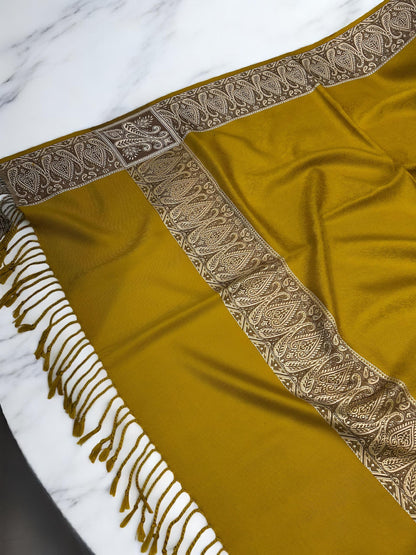 Mustard Beige Embossed Patchwork Border Shawl