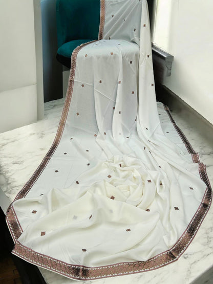White Dusty Rose Diamond Threadwork Embroidered Shaal