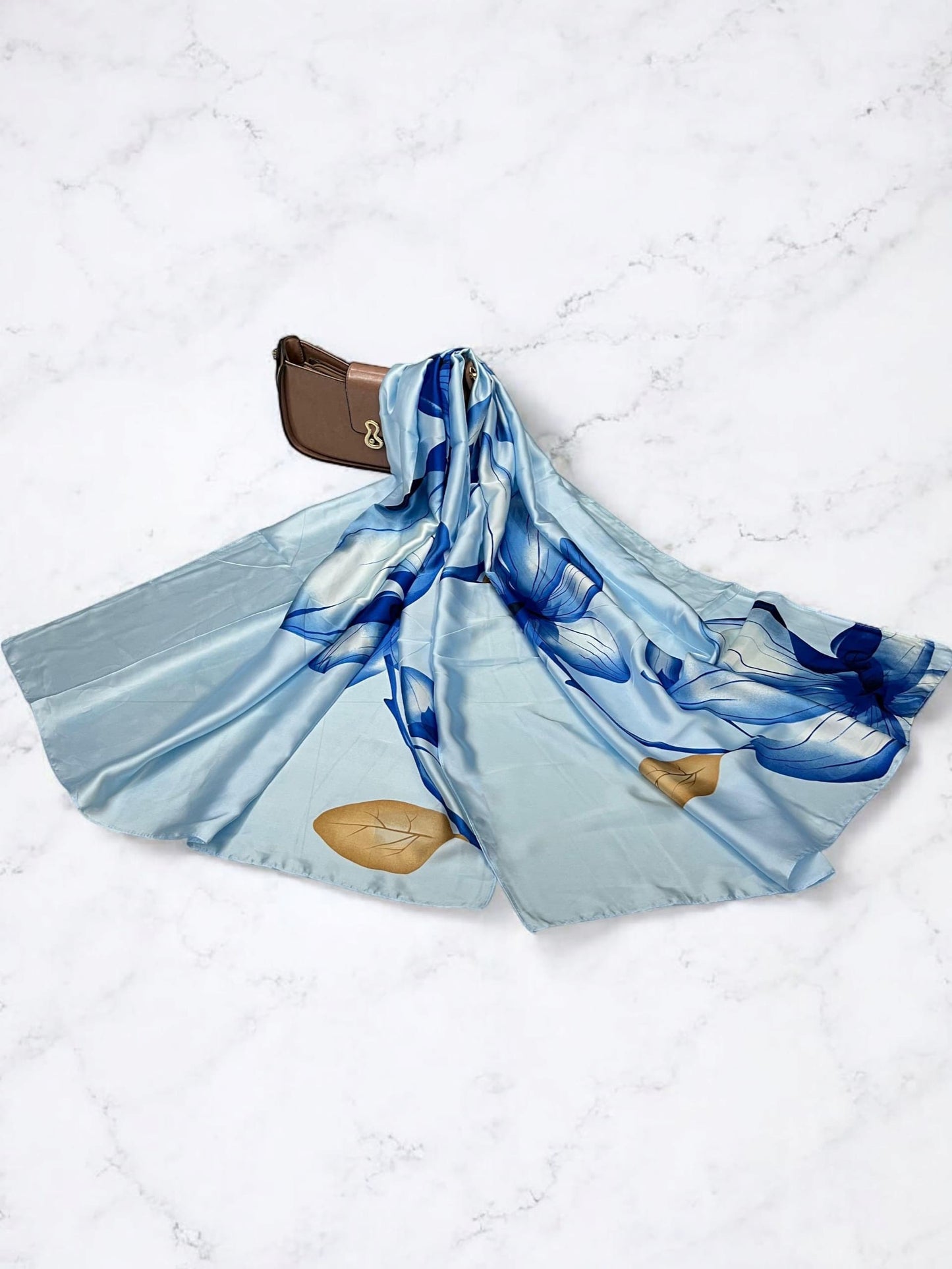 Large Satin Silk Scarf - Ice Blue Floral Ocean