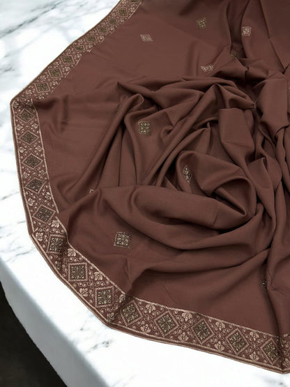 Saddle Brown Squares Threadwork Embroidered Border Shaal