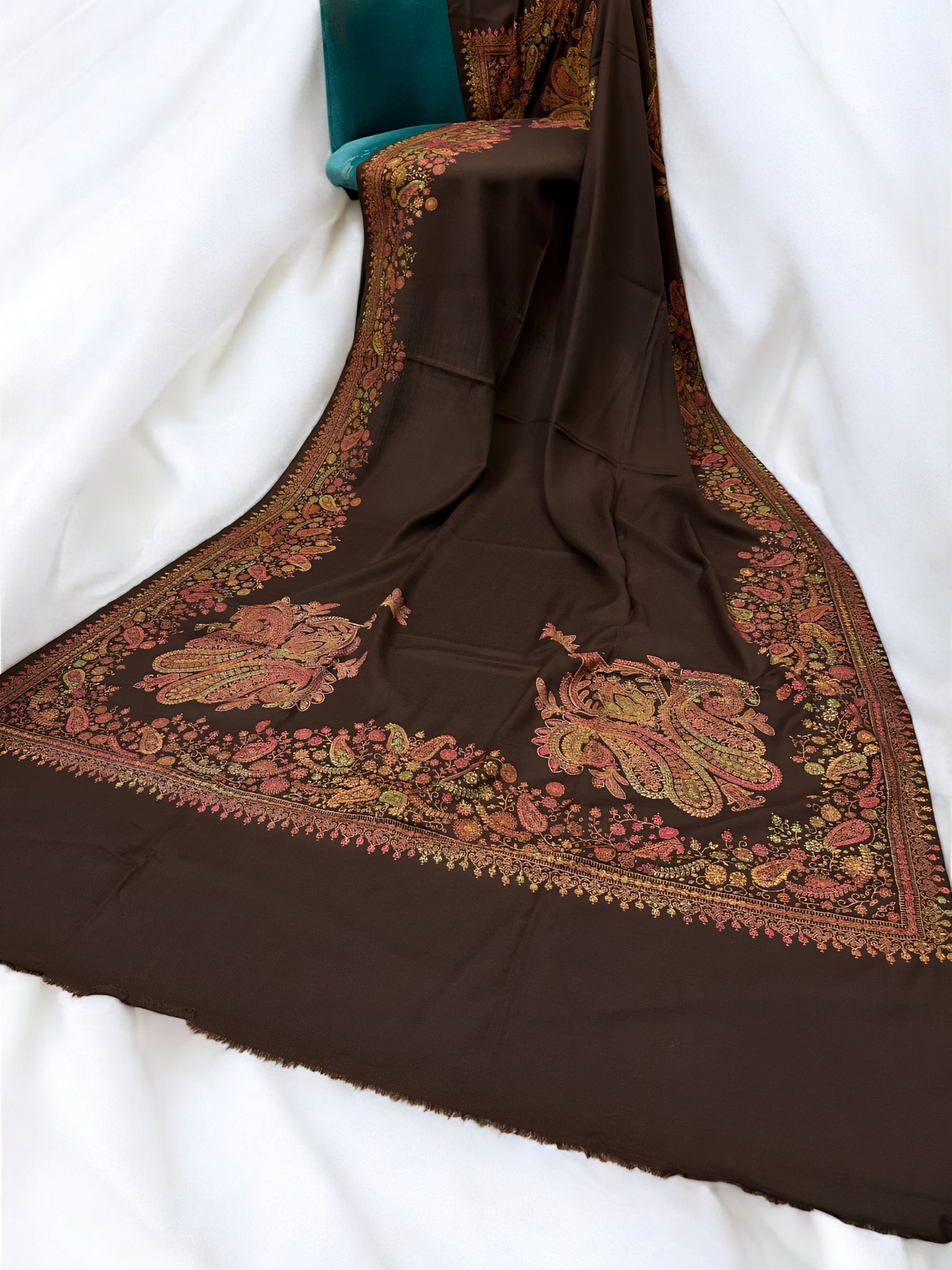 Chocolate Brown Coral - Hand Embroidered Paisley Kashmiri Shawl