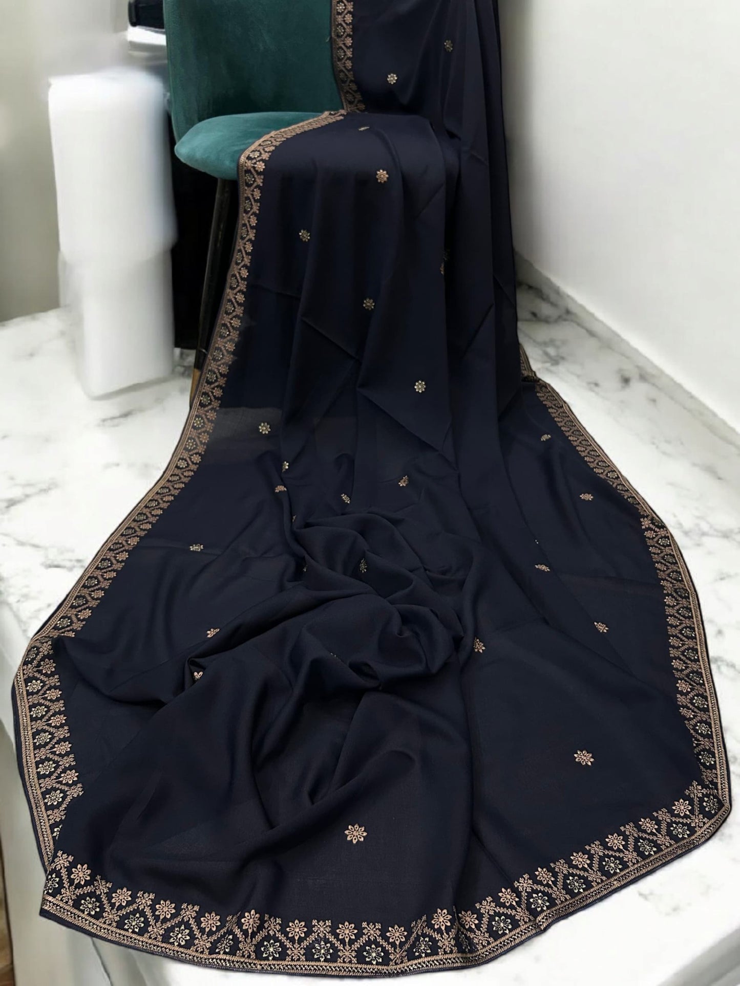 Navy Rosegold Flowers Threadwork Embroidered Border Shaal
