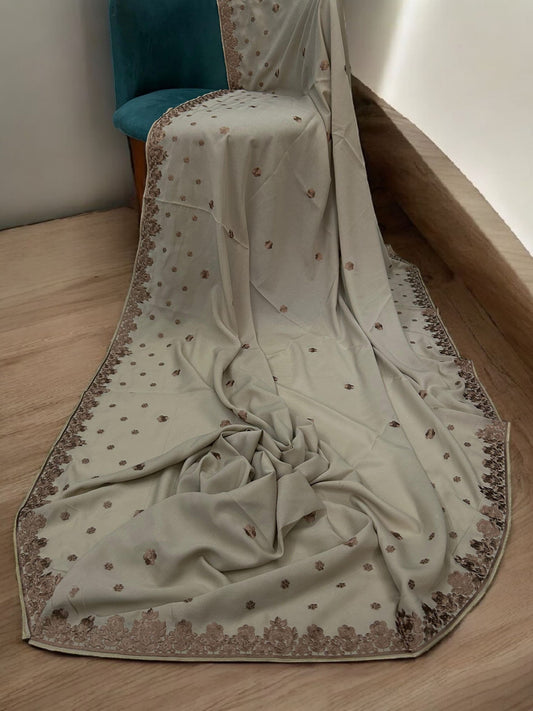 Beige Dark Peach Floral Embroidered Border Shaal