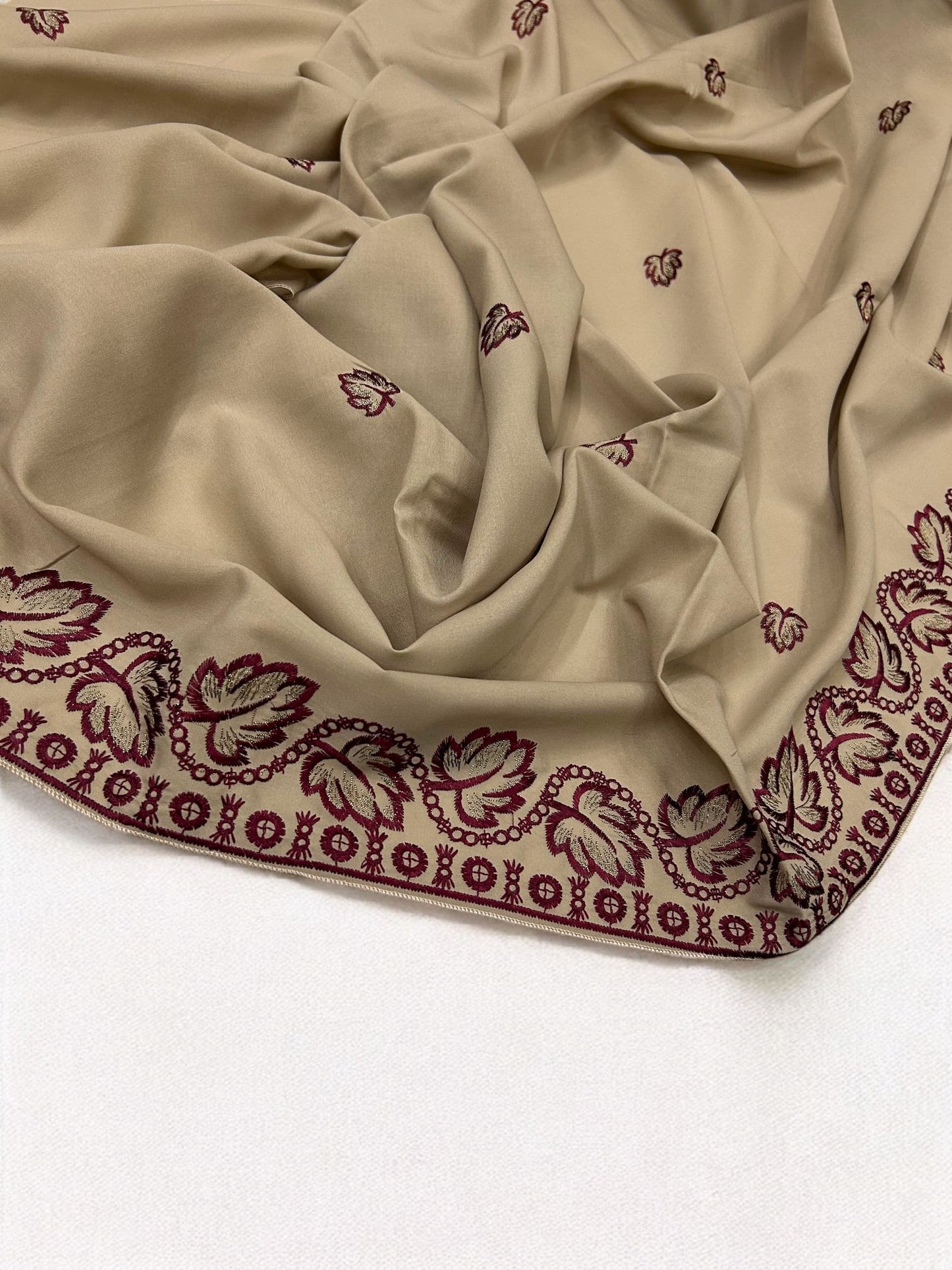 Khaki Maroon Leaflets Fancy Embroidered Shaal