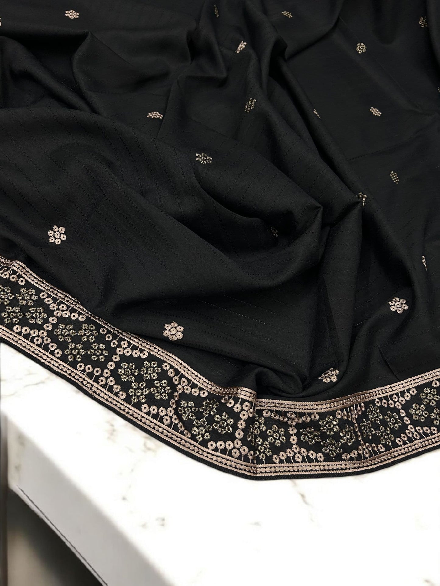 Black Cream Honeycomb Fancy Self Embroidered Shaal