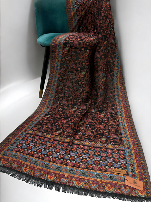 Black Coral Blue Floral Scroll Kani Pashmina Hijab