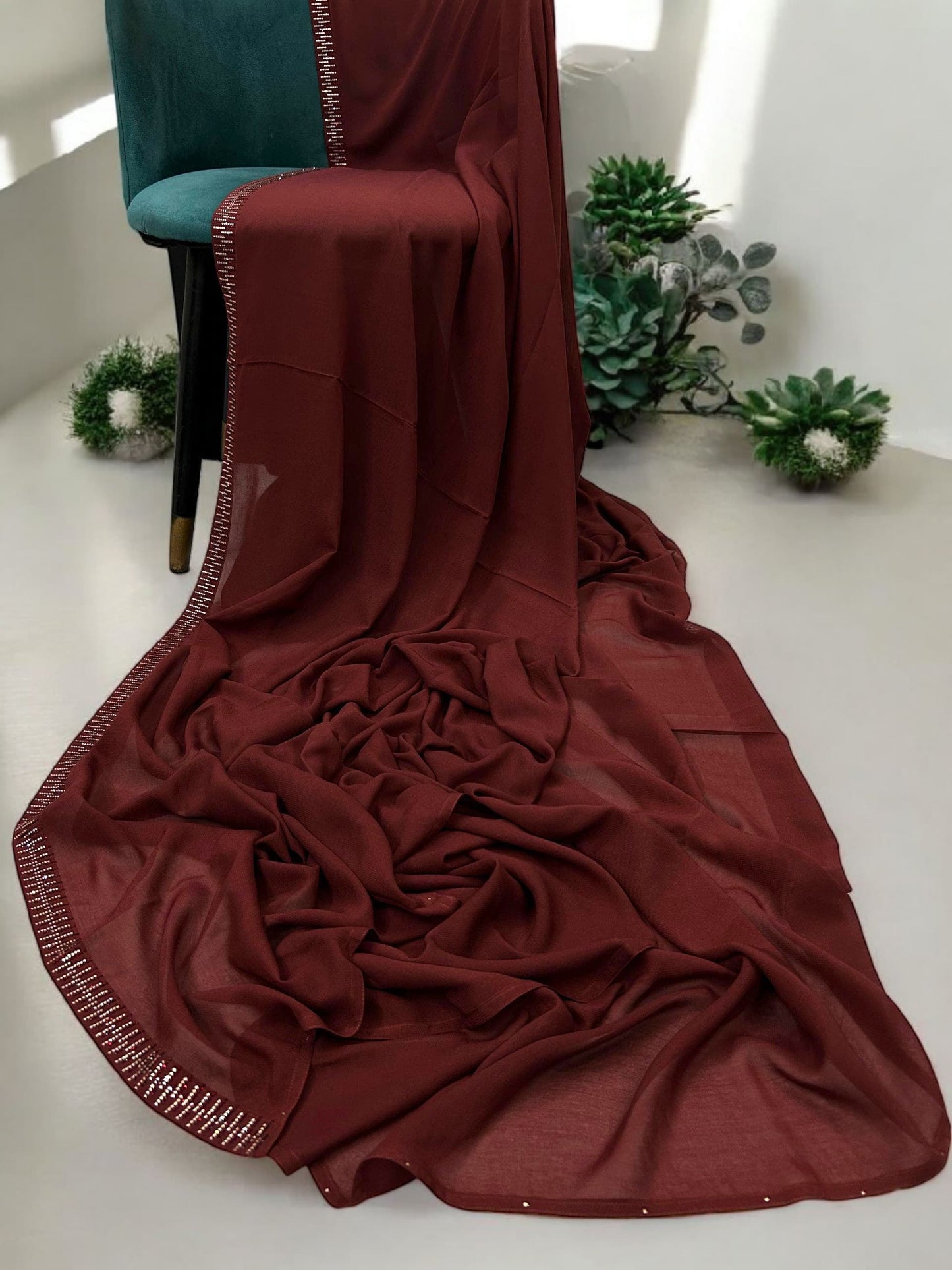 Sangria Linear Border Embroidered Korean Shaal