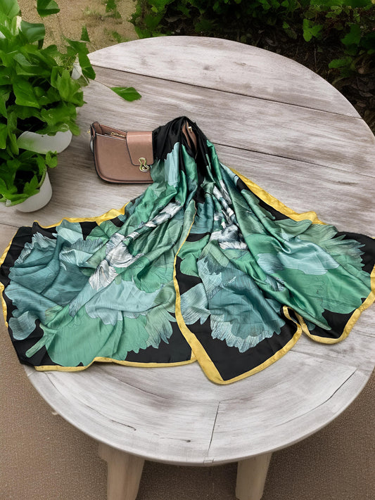 Large Satin Silk Scarf - Black Turquoise Floral