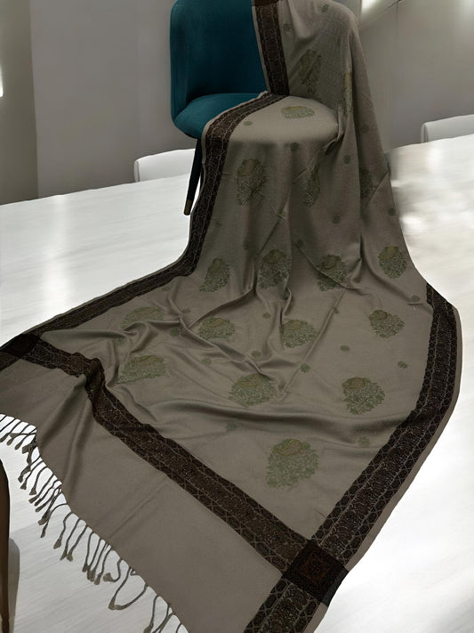 Mink Mahogany Border Embroidered Beige Patchwork Pashmina Shawl