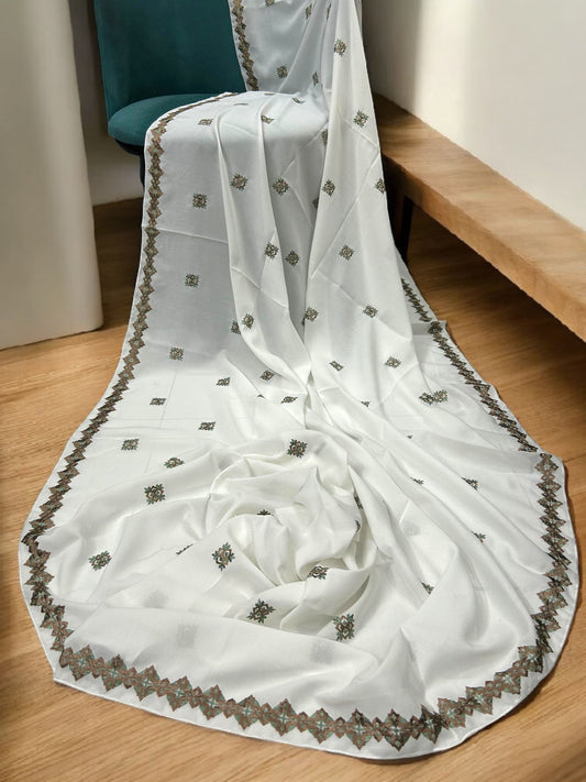 White Brown Mint Floral Diamond Embroidered Shaal