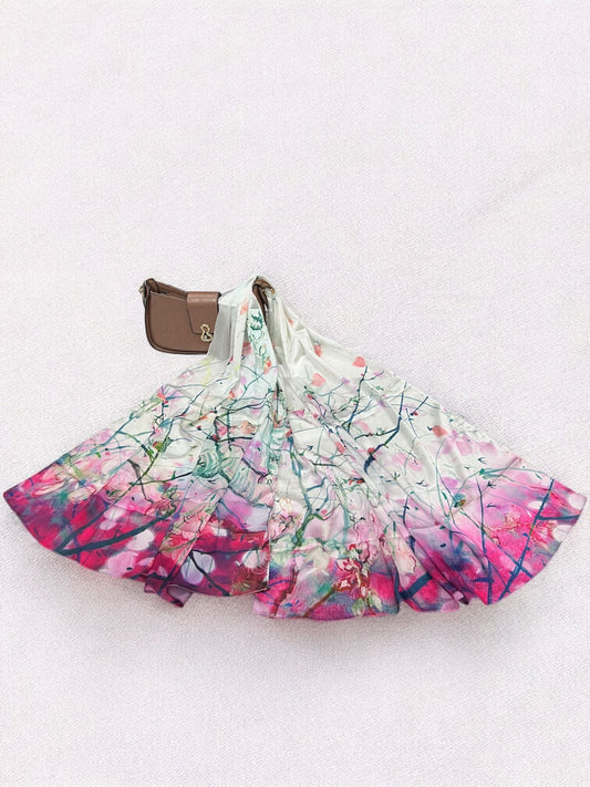 Large Satin Silk Scarf - White Pink Floral Ombre