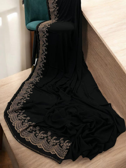 Luxury Black Brown Fuchsias Cutwork Border Korean Shaal