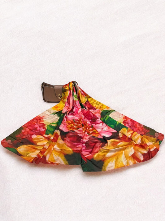 Large Satin Silk Scarf - Sunset Pink Flowers