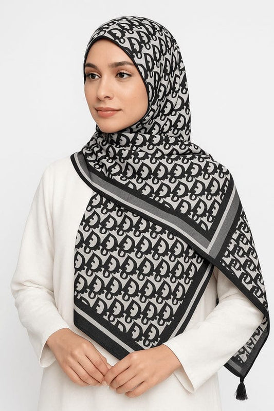 Printed Viscose Wool Hijab - Black Dior