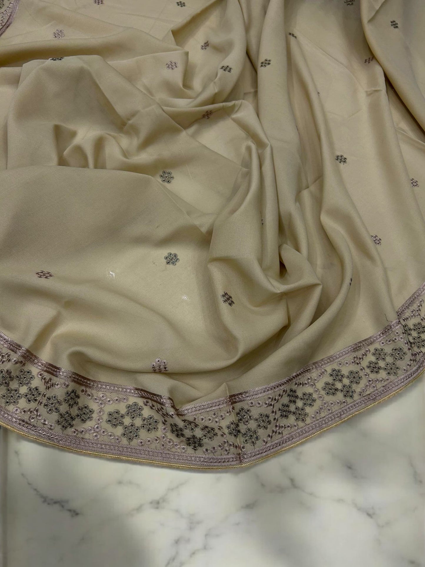 Creamy Beige Lilac Honeycomb Fancy Embroidered Shaal