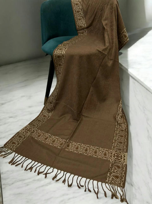 Coffee Brown Self Plain Paisleys Border Pashmina Hijab