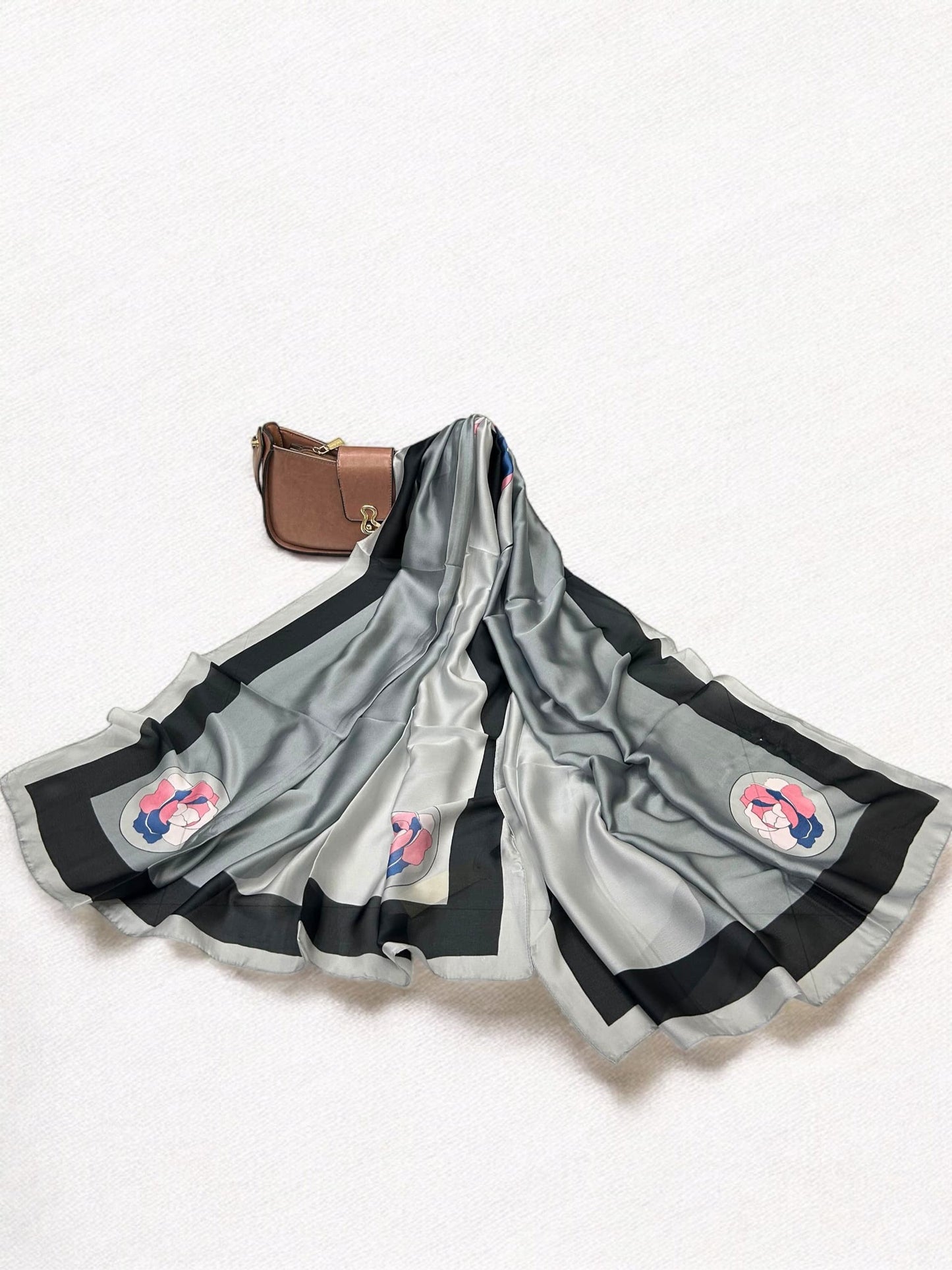 Large Satin Silk Scarf - Grey Border Floral