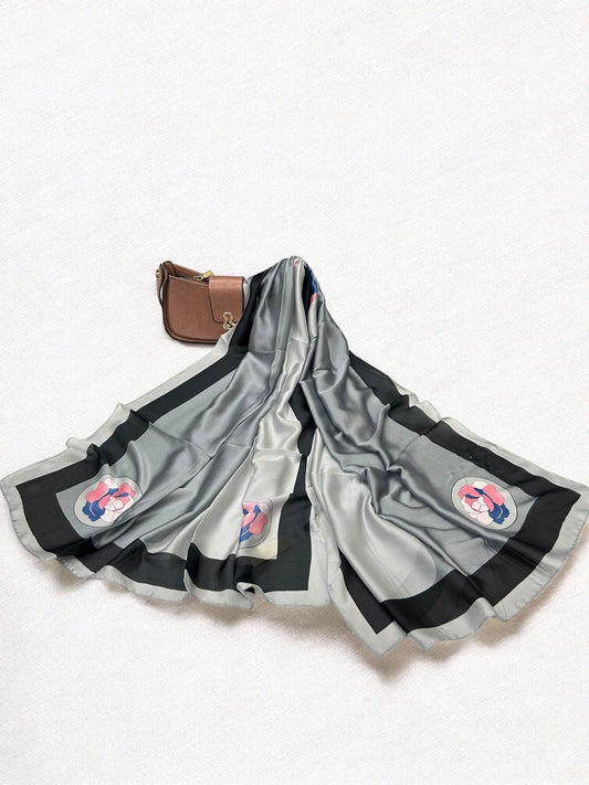 Large Satin Silk Scarf - Grey Border Floral