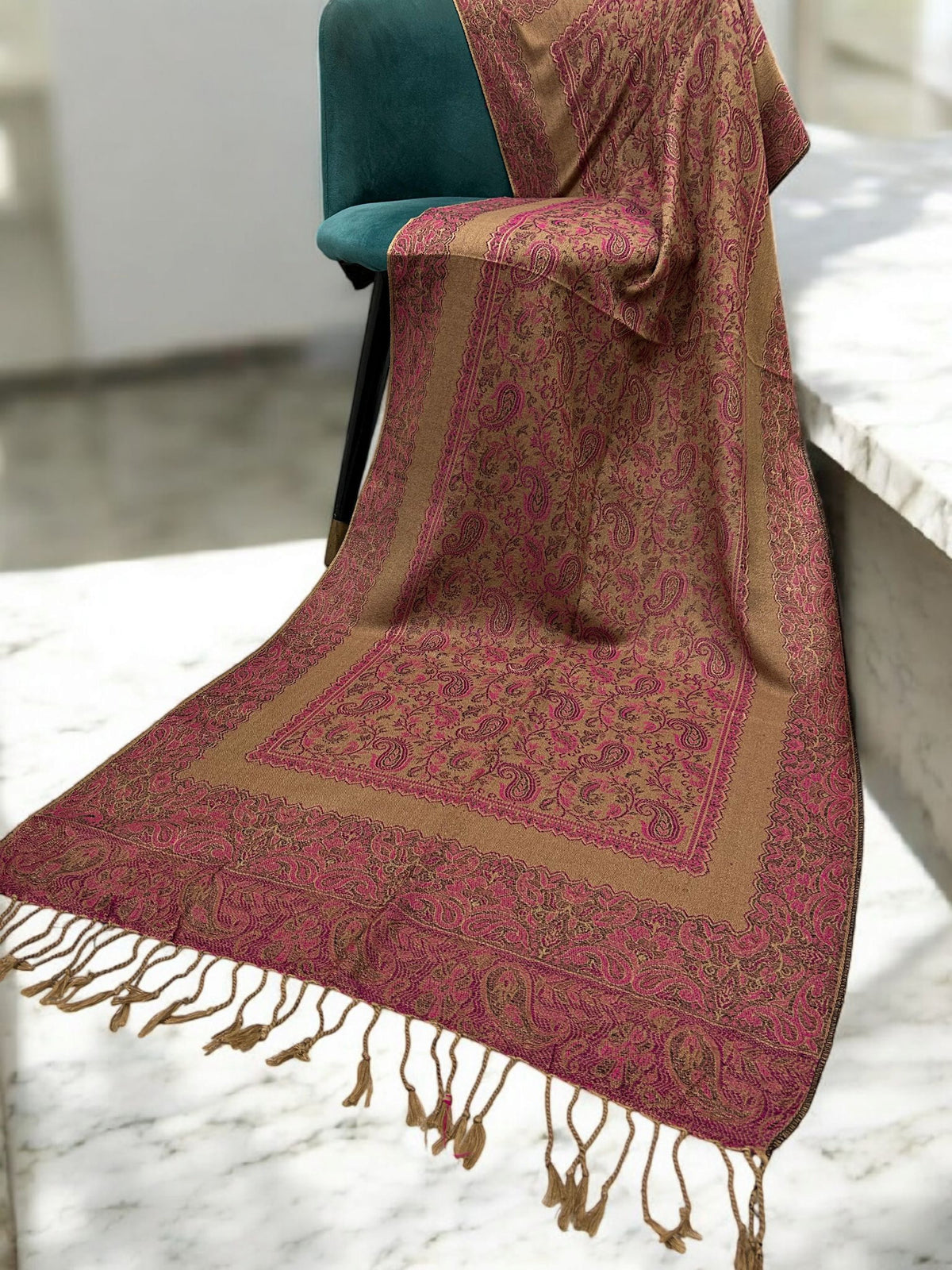 Beige Fresh Pink Little Paisleys Two-Tone Pashmina Hijab