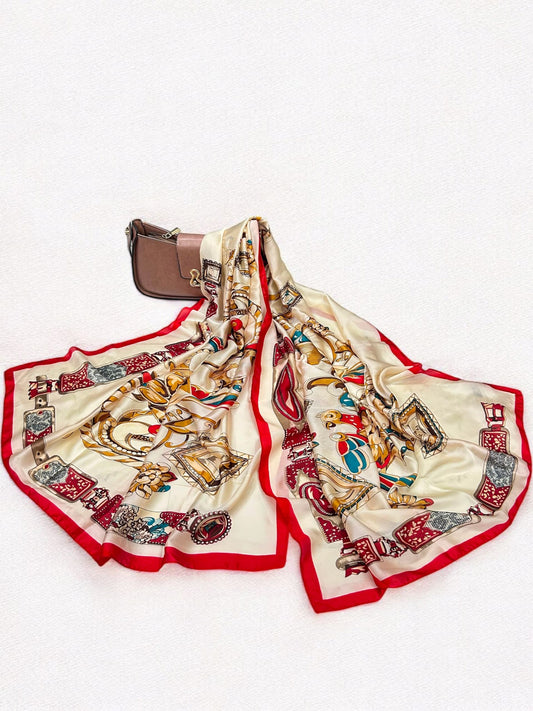 Large Satin Silk Scarf - Cream White Red Anchorage