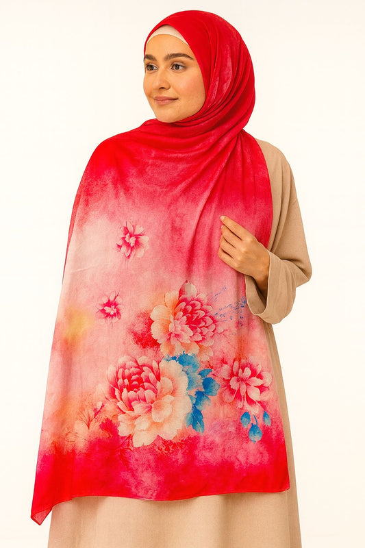 Large Satin Silk Scarf - Shades of Shocking Pink Floral