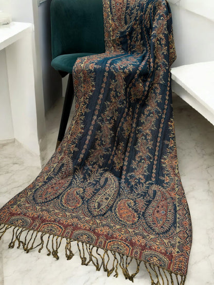 Teal Brown Mint Curved Paisley Pashmina Hijab