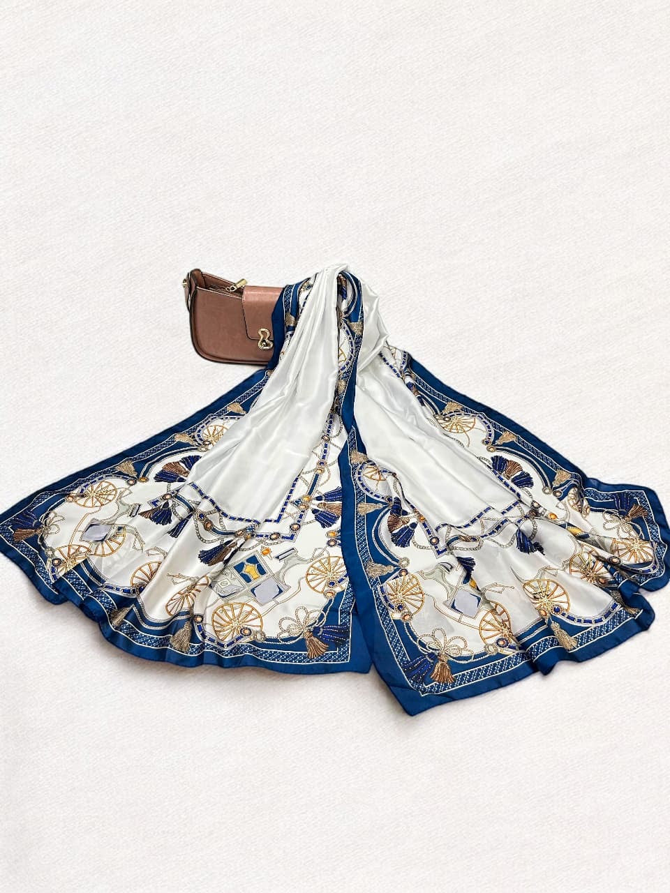Large Satin Silk Scarf - White Blue Anchorage