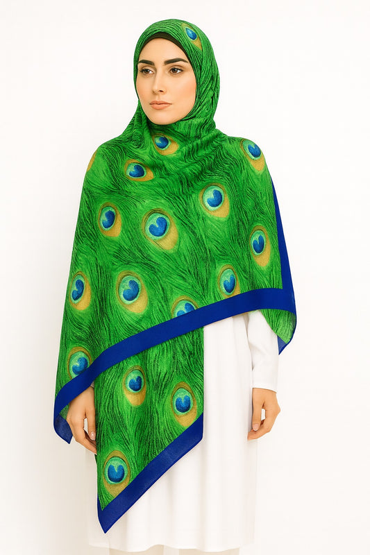 Large Satin Silk Scarf - Green Blue Peacock