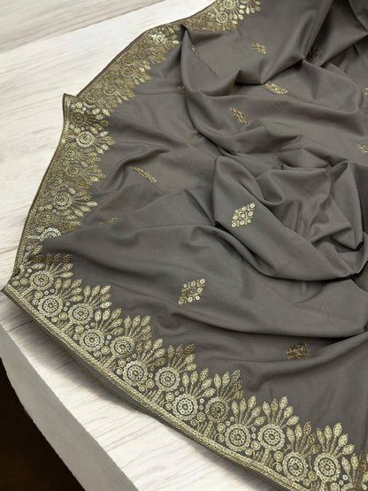 Grey Gold Floral Sequence Bridal Embroidered Shaal
