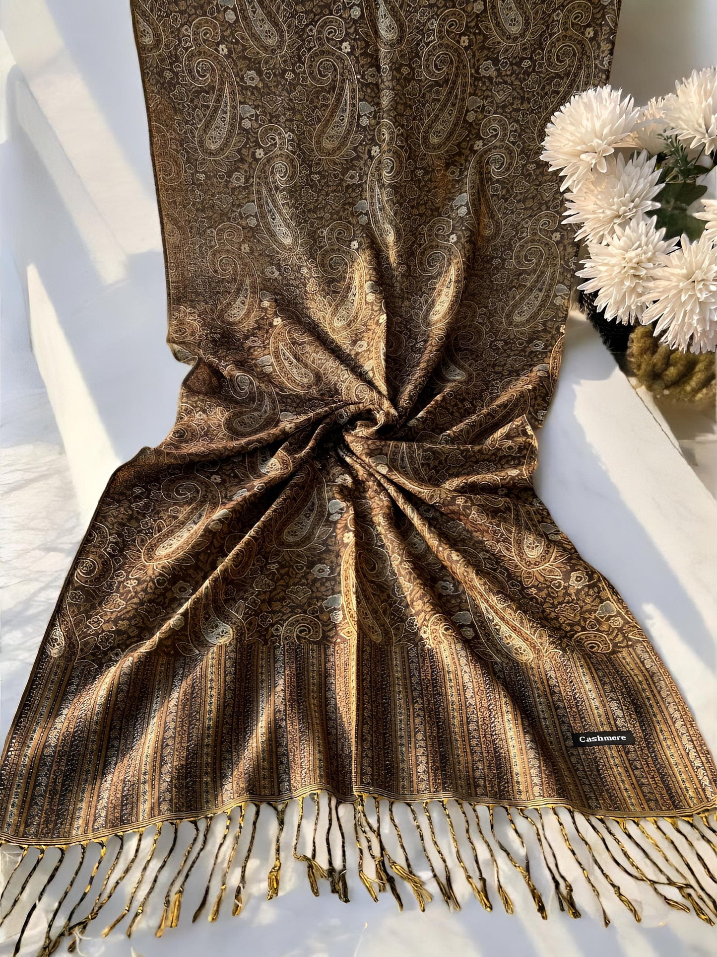Coffee White Paisley Pashmina Hijab Shaal