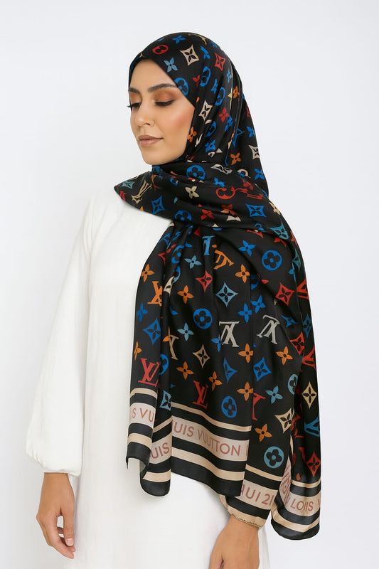 Large Satin Silk Scarf - Black Alpha LV