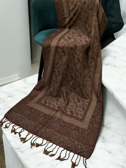 Beige Brown Maroon Two-tone Paisley Pashmina Hijab