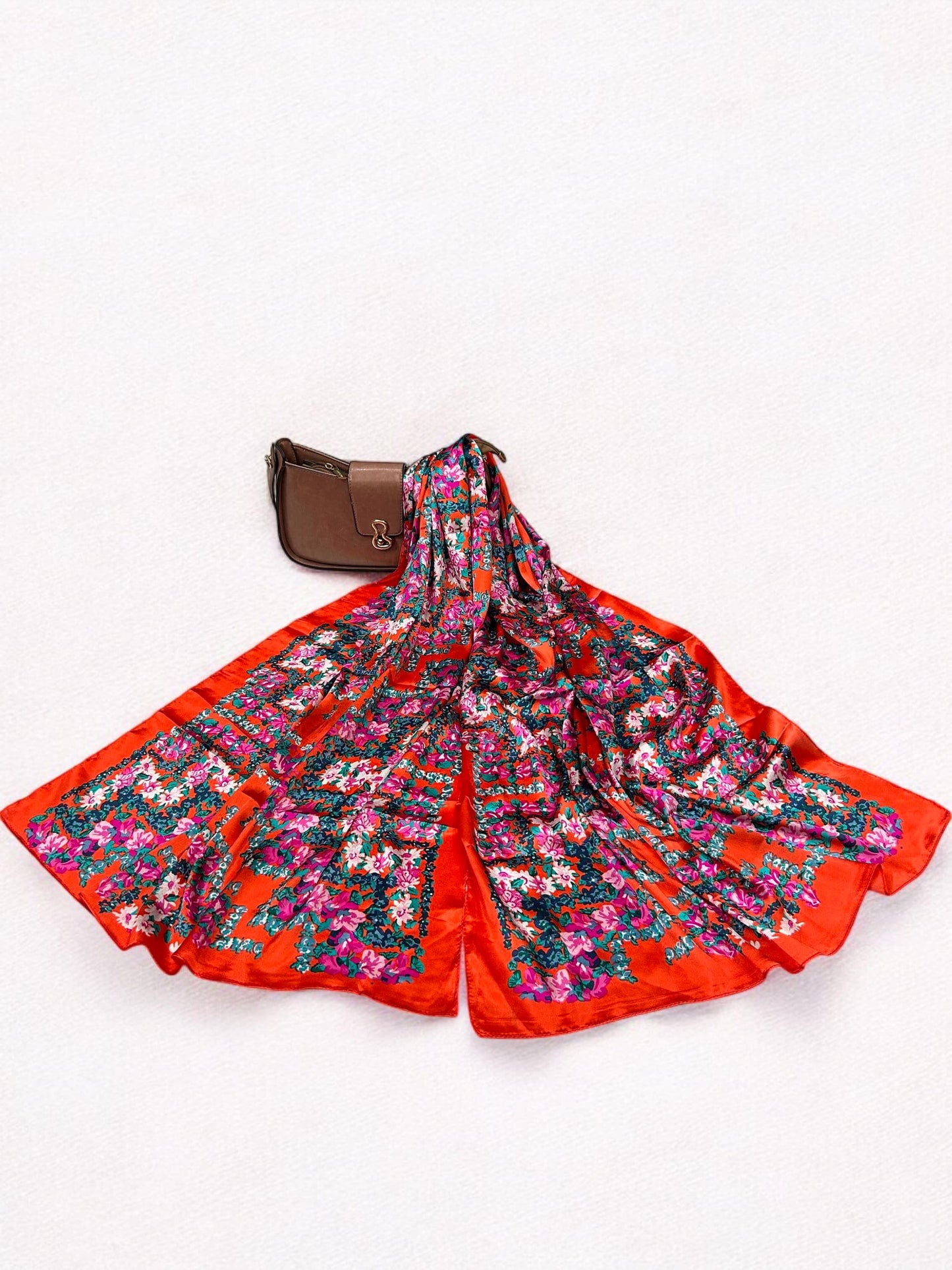 Satin Silk Scarf - Tangy Orange Mauve Floral