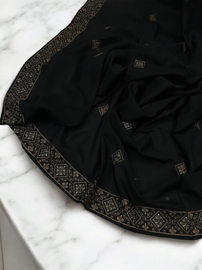 Black Brown Squares Threadwork Embroidered Border Shaal