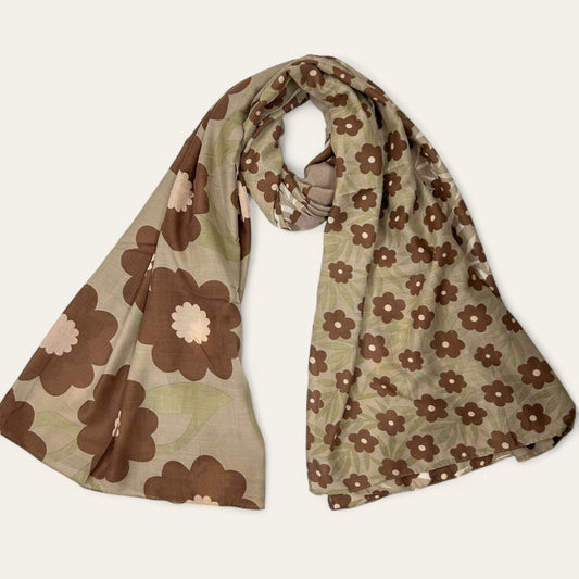 Brown Beige Flowers Printed Lawn Hijab