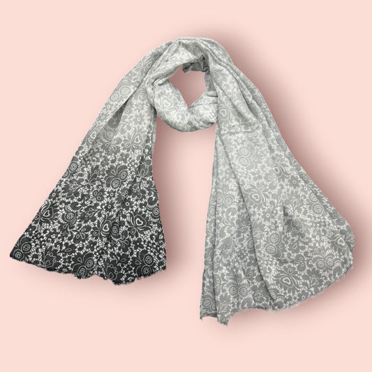 Smoke Grey White Damask Printed Modal Hijab