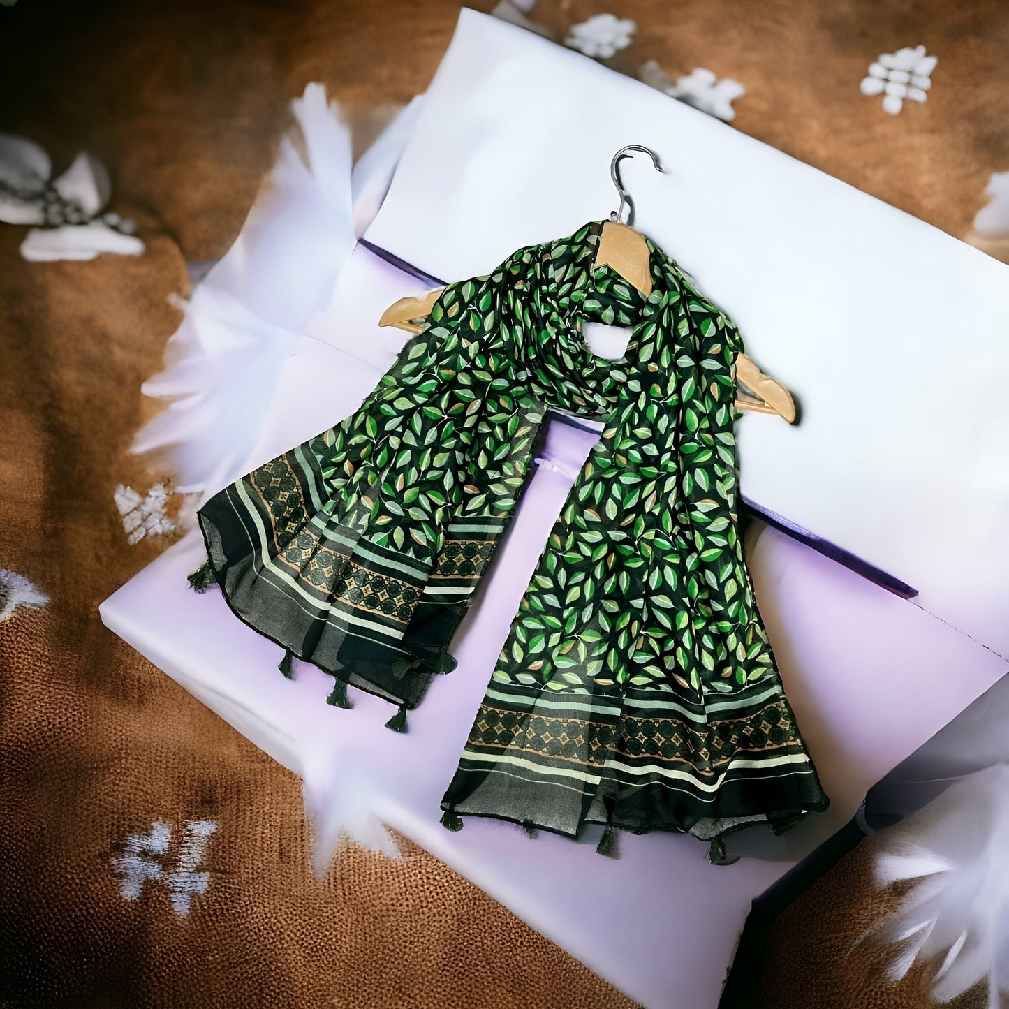 Green Leaves Printed Lawn Tassel Hijab