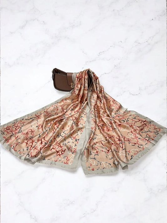 Large Satin Silk Scarf - Nude Pink Silver Border