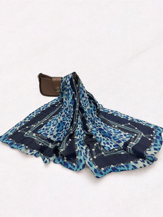 Satin Silk Scarf - Blue Leopard Roberto Cavalli