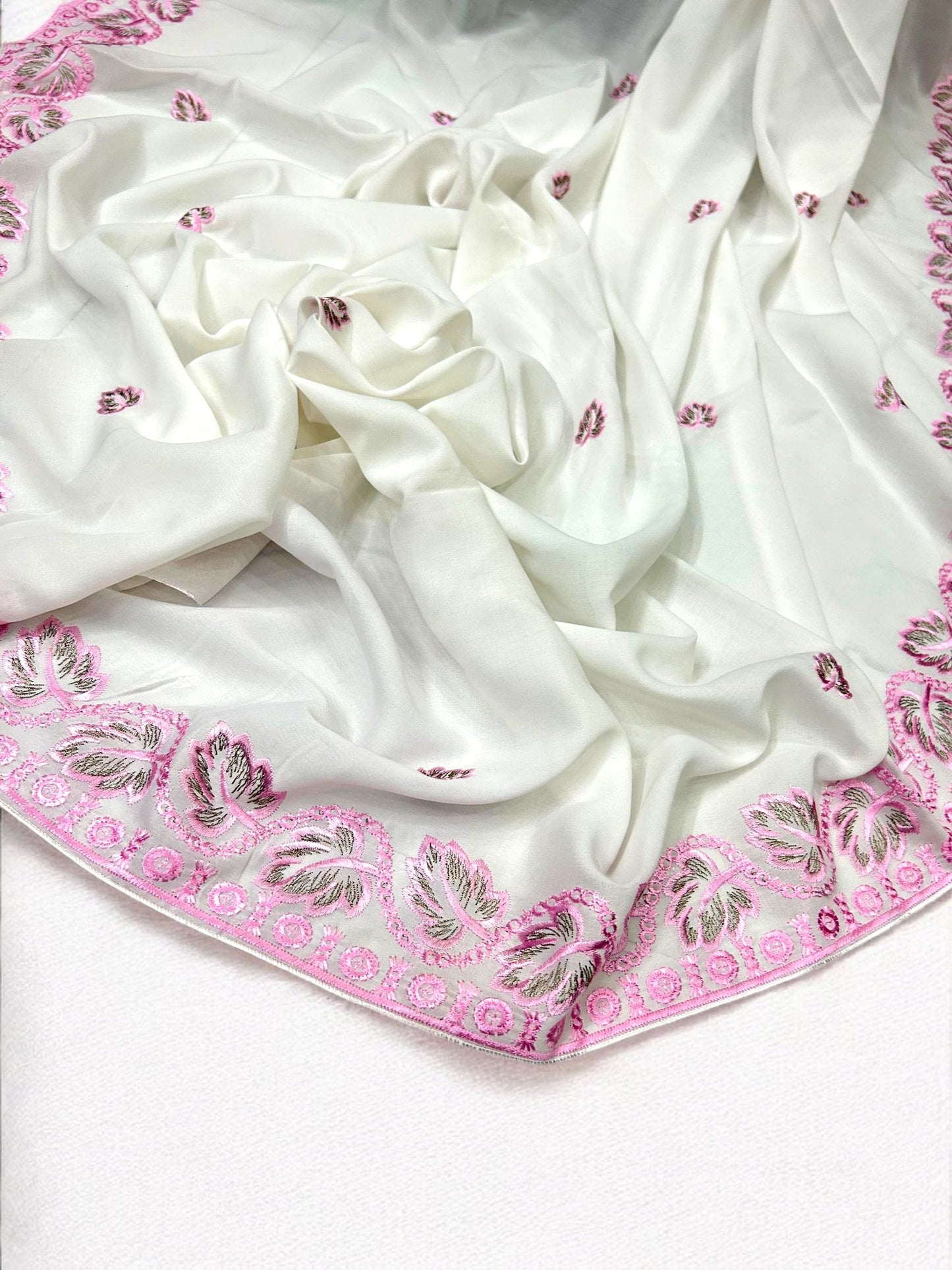 White Pink Coral Leaflets Fancy Embroidered Shaal