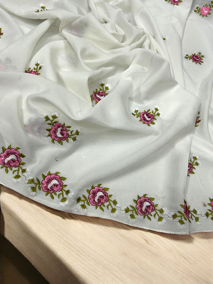 White Pink Floral Garden Embroidered Shaal