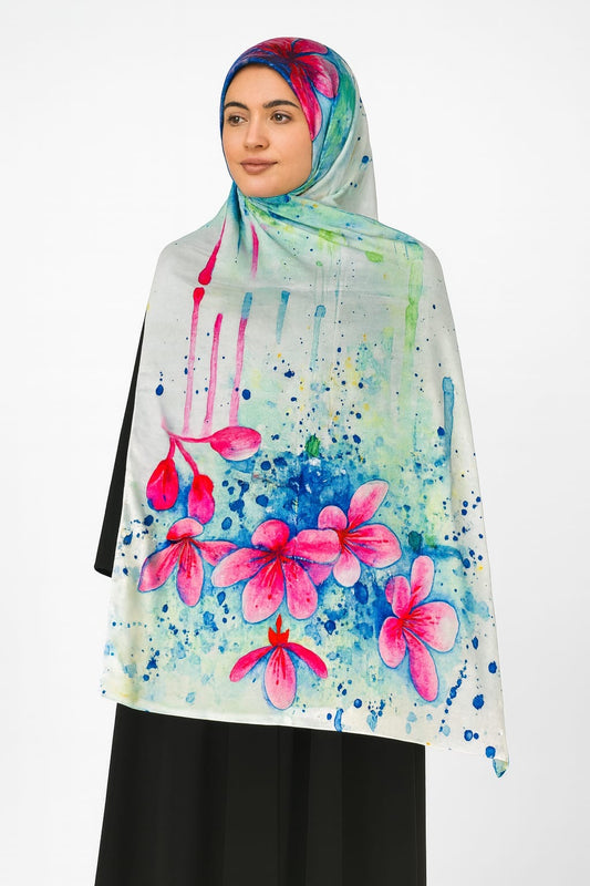 Large Satin Silk Scarf - White Blue Pink Hyacinth