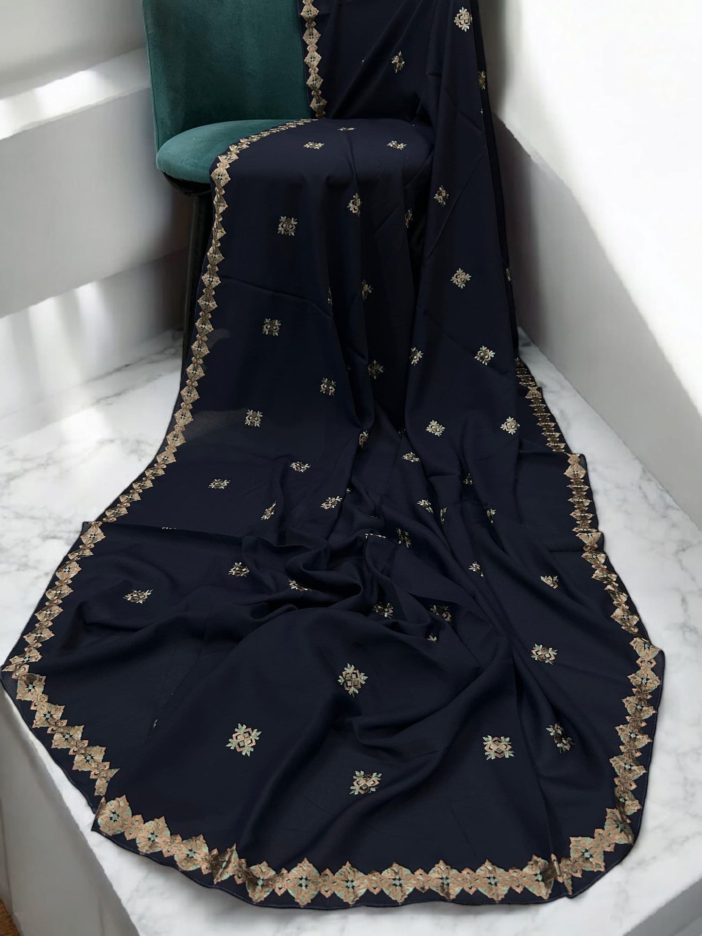 Navy Peach Floral Diamond Embroidered Shaal