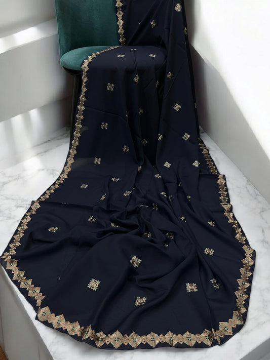 Navy Peach Floral Diamond Embroidered Shaal