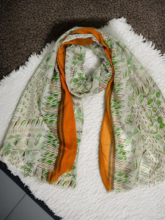 Cream Greenery Orange Border Printed Modal Hijab